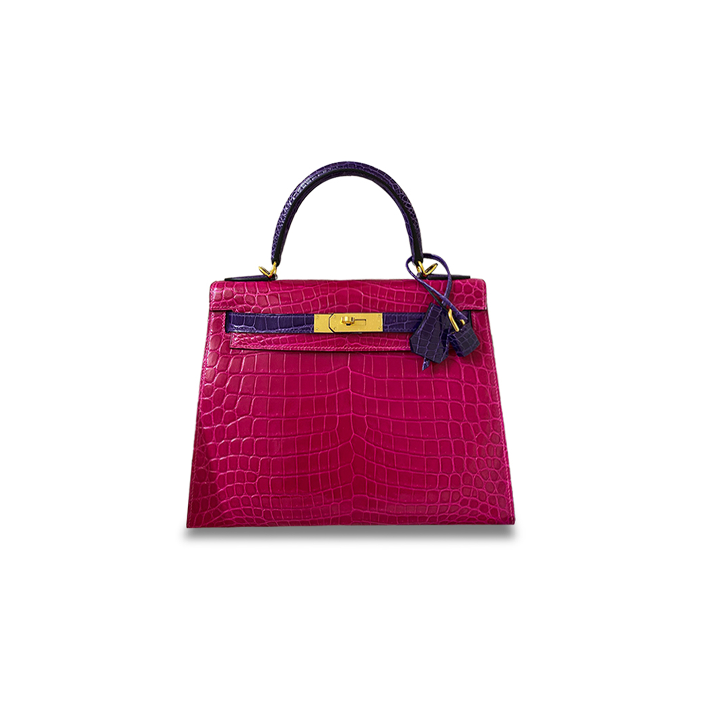 H**mes master shiny rose schÉhÉrazade & bleu Électrique alligator sellier kelly 25 with gold hardware (28*22*10cm)